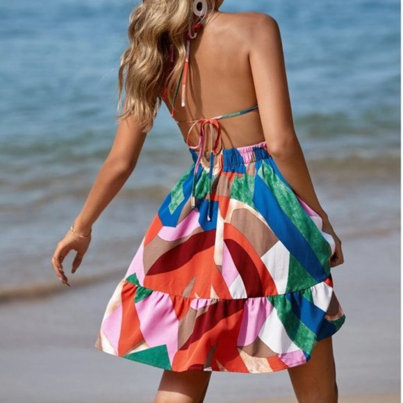 Multicolour Backless Ruffle Hem Halter Dress - Picture 2 of 5